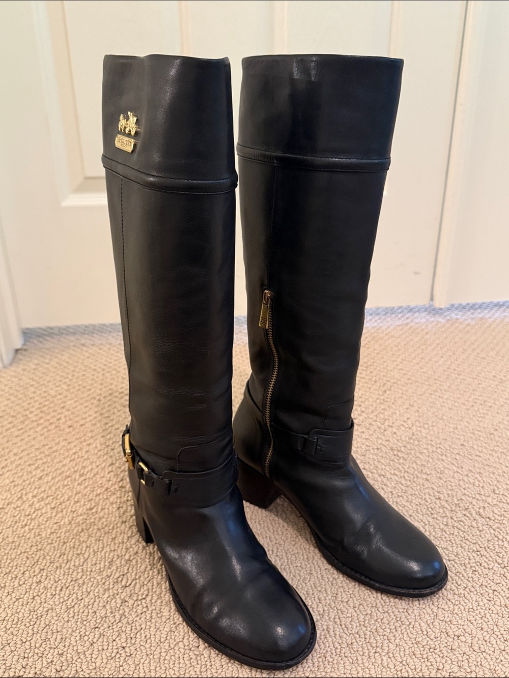 Coach Black Leather Knee-High Heeled Riding Boots with Gold Hardware